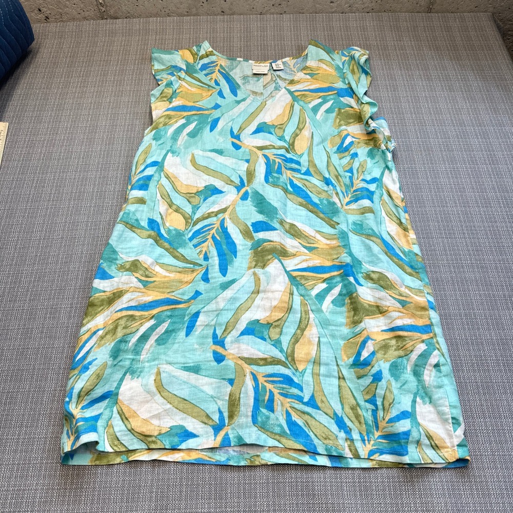 Rachel Zoe Linen Dress XL Tropical Leaf Print Shift Ruffle Sleeve Summer Coastal